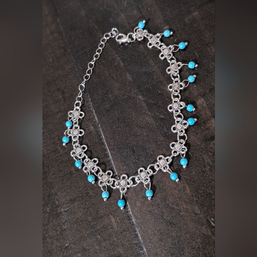 Silver and Turquoise Beaded Anklet - Picture 5 of 5